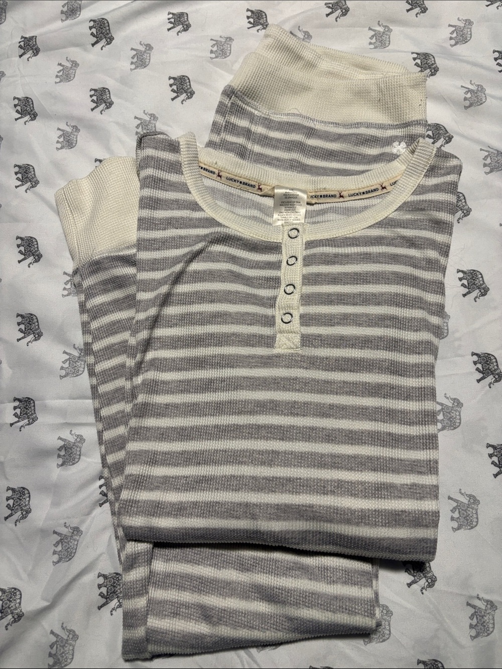 Lucky Brand Gray and Cream Striped Thermal Pajama Set